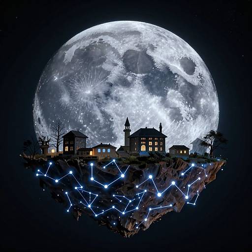 Digital artwork: Illuminated village with glowing windows and church on a star-connected cliff, under a large, detailed full moon.