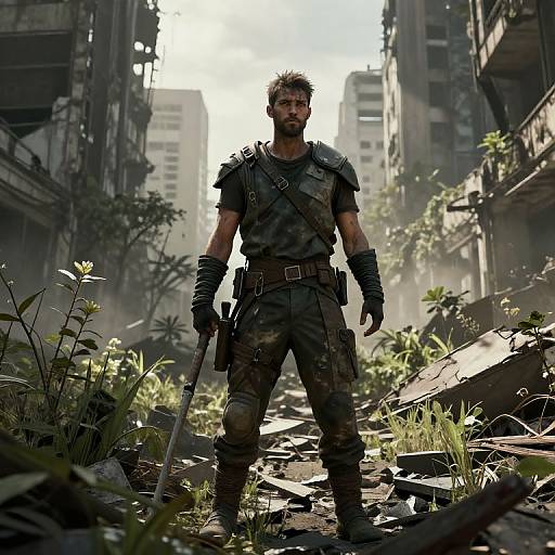 Post-Apocalyptic Survivor Amid Ruins