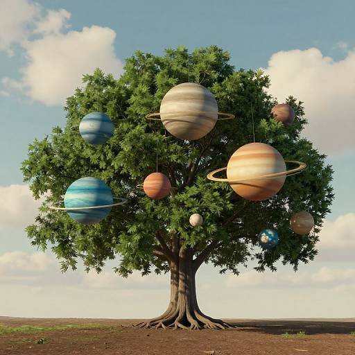 Digital artwork of a tree with planets (Jupiter, Saturn, Uranus, Neptune, Earth) hanging from its branches in a clear sky.