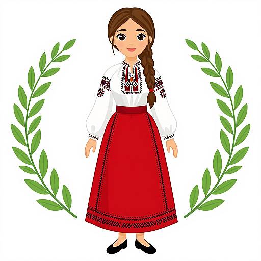 Digital illustration of a smiling young woman with brown hair in a braid, wearing a white embroidered blouse and red skirt with black trim, flanked by