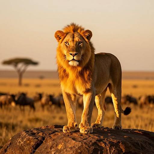 Photograph of a regal lion standing on a rock in a golden sunset African savanna, with a blurred herd and acacia tree in the background