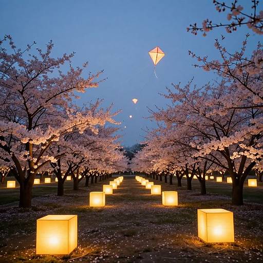 Photograph of a twilight cherry blossom grove with glowing paper lanterns on the ground, illuminated by warm yellow light, and a single flying kite against