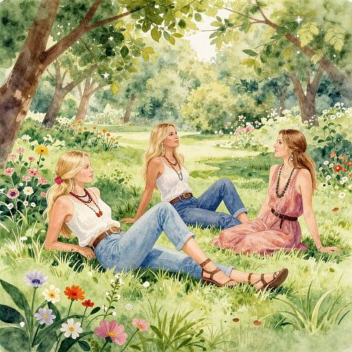 Three blonde women in casual summer clothes, sitting in a sunlit, flower-filled garden, talking and laughing among tall trees. Digital art.