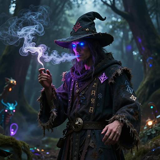 Digital artwork of a mysterious wizard with glowing blue eyes, smoking a pipe, wearing a dark fur cloak and pointed hat, surrounded by enchanted forest with glowing