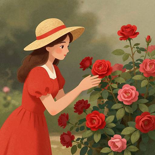 Digital illustration of a young woman in a red dress and straw hat, gently touching red and pink roses in a lush garden.