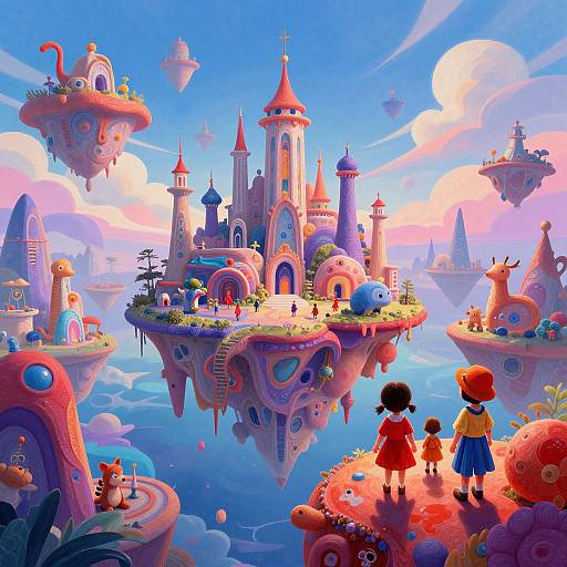 Whimsical digital illustration of a vibrant floating castle with colorful towers, surrounded by floating islands and a child in red shirt and blue skirt, with a