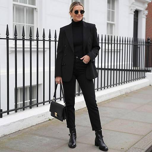 Stylish woman in black outfit on city sidewalk