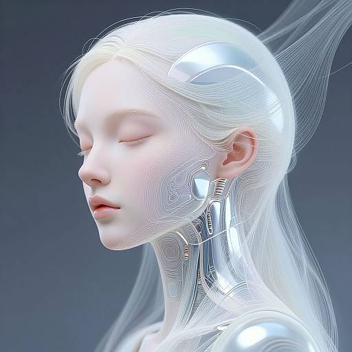 Digital CGI image of a pale, ethereal woman with closed eyes, white glowing hair, and translucent, circuit-like patterns on her face and neck,