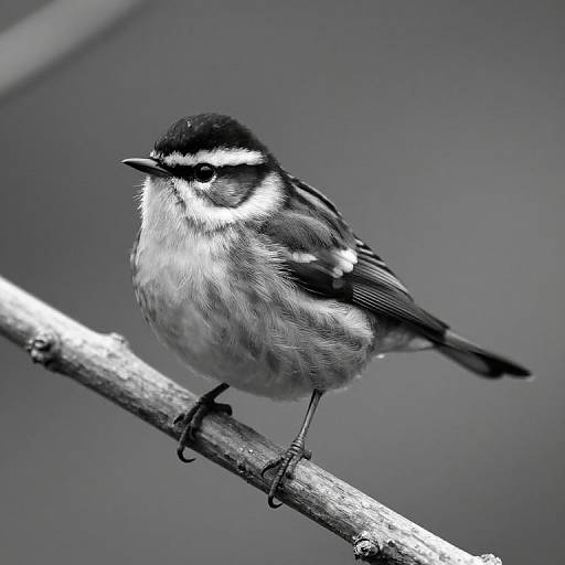 Black-and-white photograph of a small, plump, black-capped warbler with white stripes, perched on a branch against a blurred gray background