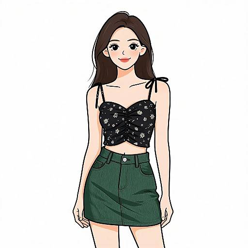 Digital illustration of a young woman with fair skin, long brown hair, wearing a black floral crop top and green high-waisted skirt, smiling against