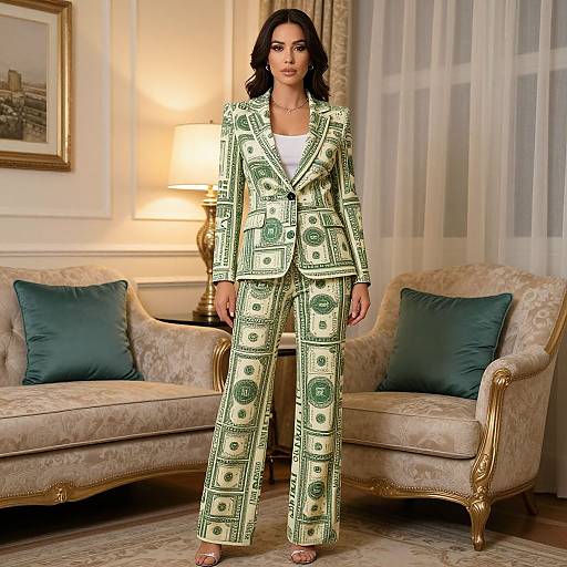 Photograph of a woman with medium skin tone and dark wavy hair, wearing a green and white money-patterned suit, standing in an elegant living