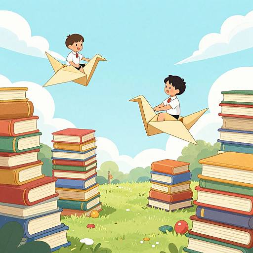 Digital illustration of two children flying paper airplanes over colorful stacks of books on a grassy field under a bright blue sky.
