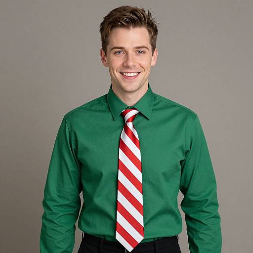 Photograph of a smiling young Caucasian man with short brown hair, wearing a green dress shirt and a red-and-white striped tie, standing against a plain