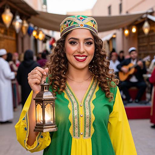 Photograph of a smiling woman with curly brown hair, wearing a green and yellow embroidered dress, colorful headscarf, holding a lantern, in a