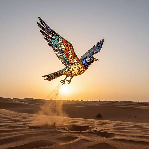 Stunning photograph of a mosaic-tiled bird in mid-flight over a golden desert at sunset, kicking up sand with its wings.