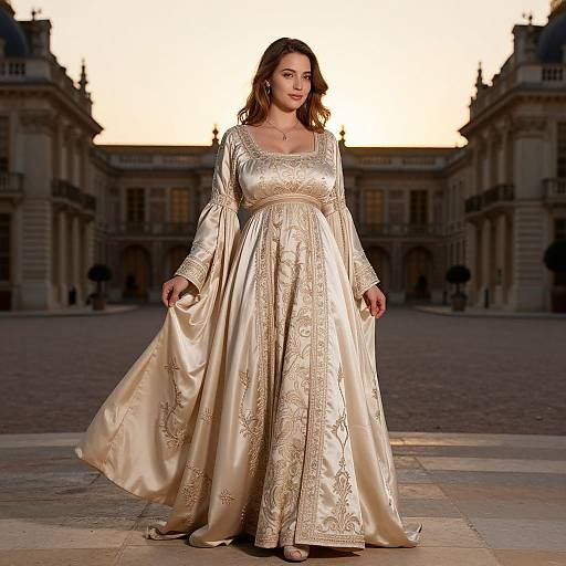 Photograph of a brunette woman in an elaborate, gold-embroidered, long-sleeve gown, standing in a grand, sunlit courtyard