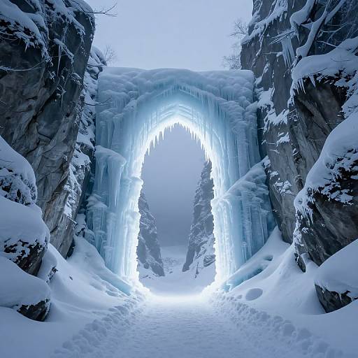 Ethereal Ice Archway Between Cliffs