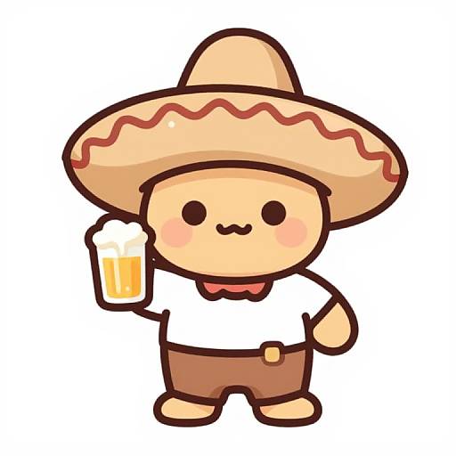 Cute chibi-style drawing of a character with a large beige sombrero, white shirt, brown pants, holding a frothy beer, blushing