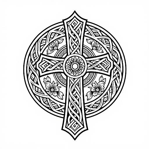 Black and white intricate Celtic knot design with interwoven patterns, floral motifs, and geometric shapes forming a circular pattern. Digital illustration.
