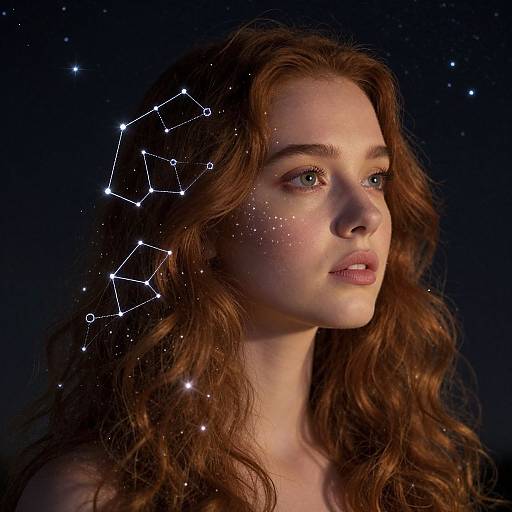 Photograph-like digital art of a fair-skinned, red-haired woman with star constellations in her hair against a dark, starry background.