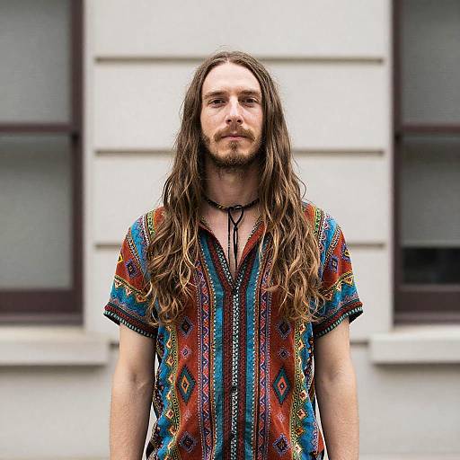 Man with Long Hair in Colorful Shirt