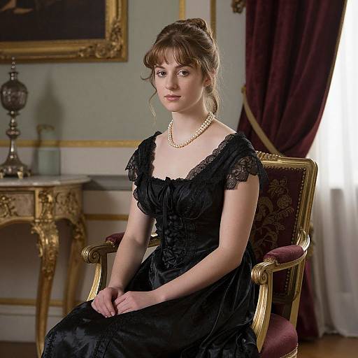 Photograph of a young woman with fair skin and brown hair in an updo, wearing a black lace dress and pearl necklace, seated in an orn