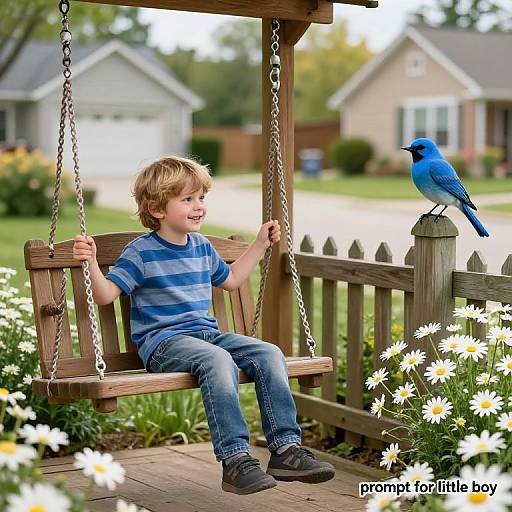 Photograph of a blonde boy in a blue striped shirt and jeans, sitting on a wooden swing, smiling at a blue bird on a fence post,