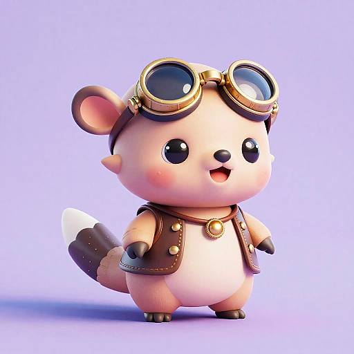 Cute, digital 3D rendering of a chubby, white and brown rodent wearing aviator goggles and brown leather vest with gold buckle, standing