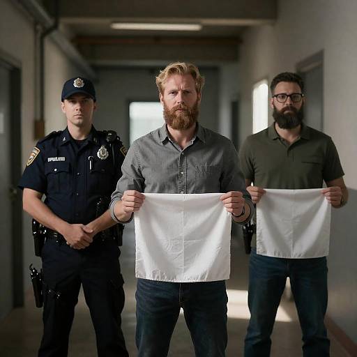 Three Men in Dim Industrial Hallway