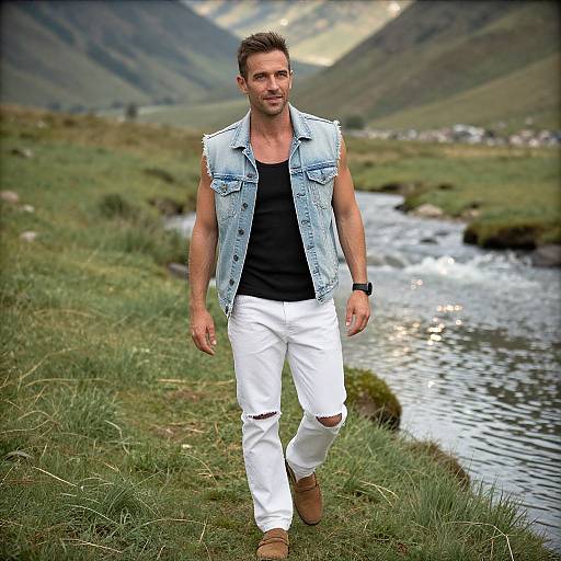 Photograph of a muscular, handsome man with short brown hair, wearing a sleeveless denim vest, black tank top, white ripped jeans, and brown