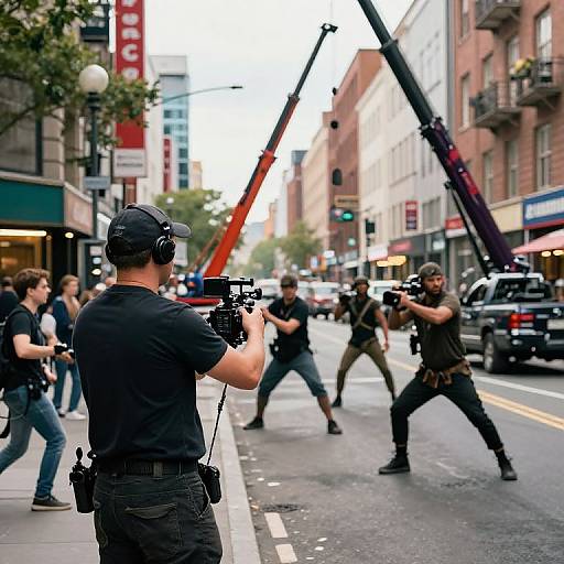 Photograph of a street scene with a cameraman filming armed SWAT officers in black tactical gear, using a crane arm, on a busy urban street with
