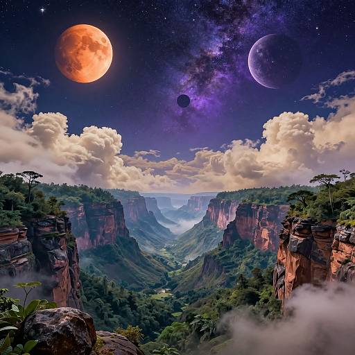 Digital artwork of a lush, foggy canyon under a starry sky with vividly colored planets (red, purple, black) and the Milky Way