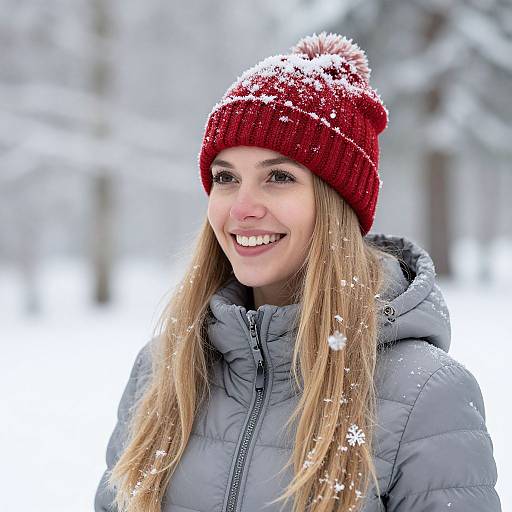 Photograph of a smiling blonde woman with fair skin, wearing a red knit beanie and gray winter jacket, standing in a snowy forest. Snowfl