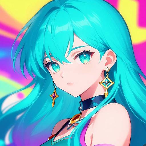 Digital anime-style portrait of a blue-haired girl with striking turquoise eyes, wearing diamond-shaped earrings and a black choker, against a vibrant, rainbow-colored