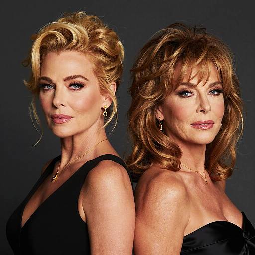 Photograph of two blonde women with styled hair, wearing black strapless tops, gold jewelry, and makeup, against a dark background.