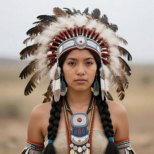 Photograph of a young Native American woman with braided hair, wearing a detailed headdress with feathers, and traditional jewelry, set against a blurred,