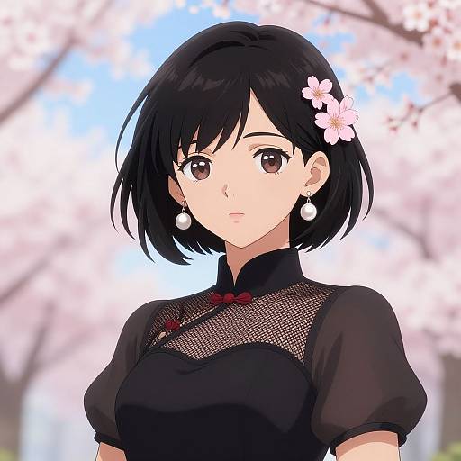 Anime Young Woman with Cherry Blossoms