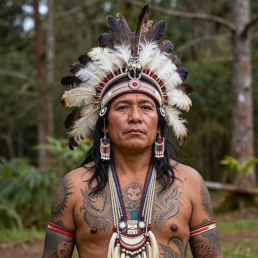 Photograph of a tattooed, shirtless indigenous man with dark hair, wearing a white, black, and red feathered headdress, and multiple