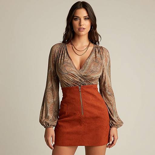 Photograph of a dark-haired woman in a gold, long-sleeve, deep V-neck top, and high-waisted, rust-colored suede