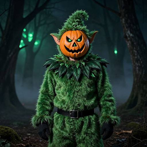 Photograph of a green, furry, elf-like character with a menacing, carved pumpkin head, glowing eyes, and black belt, standing in a dark