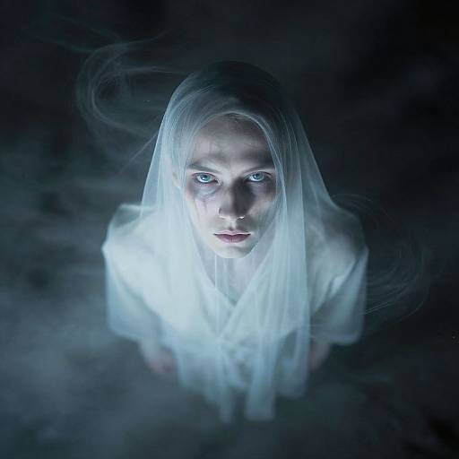 Photograph of a pale, blue-eyed woman with translucent white veil, glowing in dark, misty background, creating an ethereal, ghostly effect