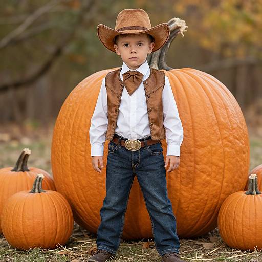 Photograph of a young boy in a brown cowboy hat, white shirt, brown vest, and blue jeans, standing in front of large pumpkins in