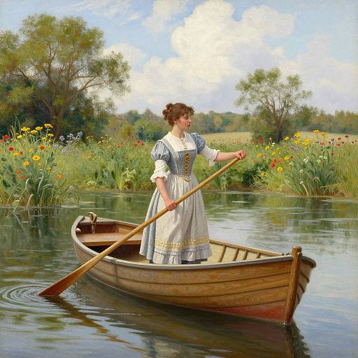 Woman in Period Dress on Serene River