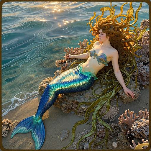 Digital artwork of a mermaid with long, flowing brown hair and shimmering blue scales, lying on a coral reef at sunset, with gentle ocean waves