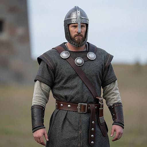 Photograph of a bearded medieval warrior with silver helmet, dark tunic, leather gloves, and belt, standing outdoors with blurred background.