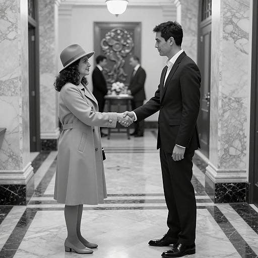 Elegant Handshake in a Grand Hallway