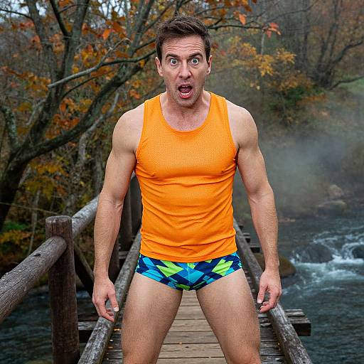 Photograph of a muscular, surprised man in an orange tank top and colorful briefs, standing on a wooden bridge in a misty, autumn forest