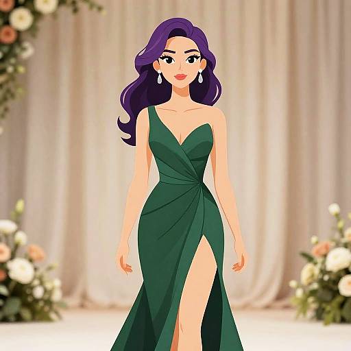 Digital anime-style illustration of a beautiful woman with long purple hair, wearing a deep green, one-shoulder, high-slitted evening gown, standing