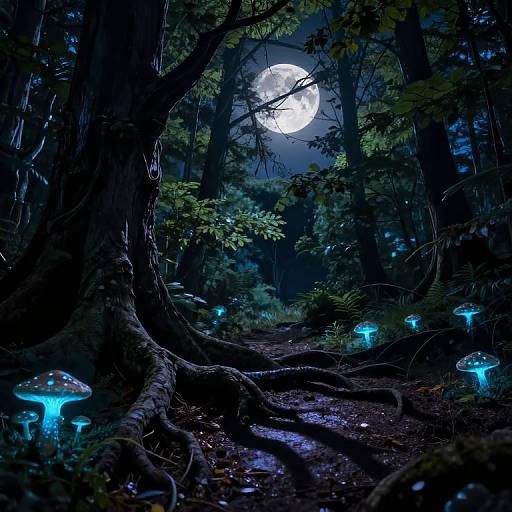 Mystical forest at night with glowing blue mushrooms, full moon, and dark, towering trees. Ethereal, luminescent ambiance. Digital art