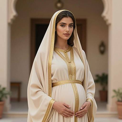 Elegant Pregnant Woman in Traditional Middle Eastern Abaya